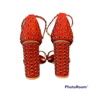 SCHUTZ Red Studded Block Heel Sandals